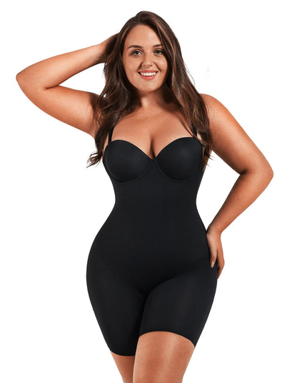 Cupped mid-thigh black sculpting bodysuit