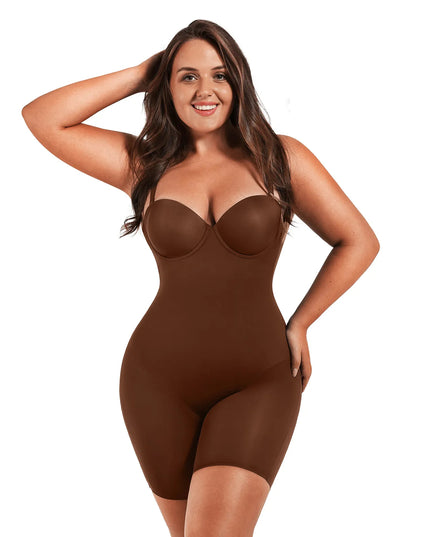 Cupped mid-thigh black sculpting bodysuit