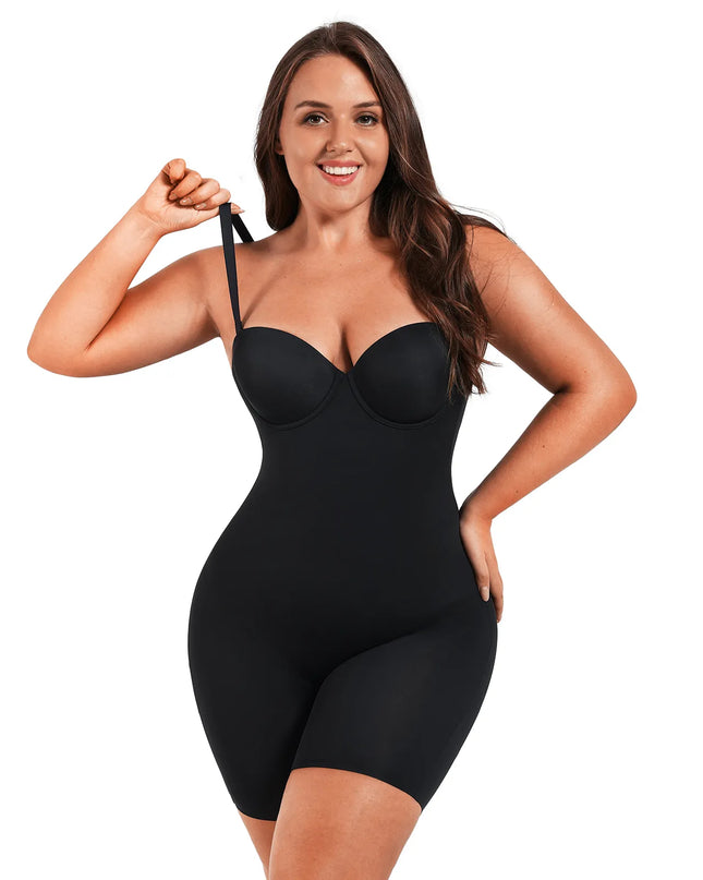 Cupped mid-thigh black sculpting bodysuit